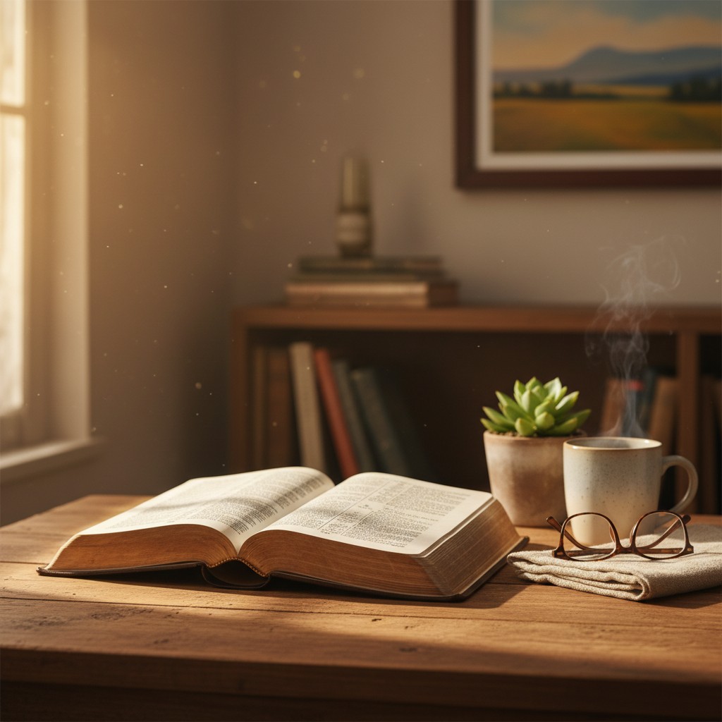 A serene room with a large book open on a wooden table, steam rising from a mug, and a succulent plant in a white and brow...
