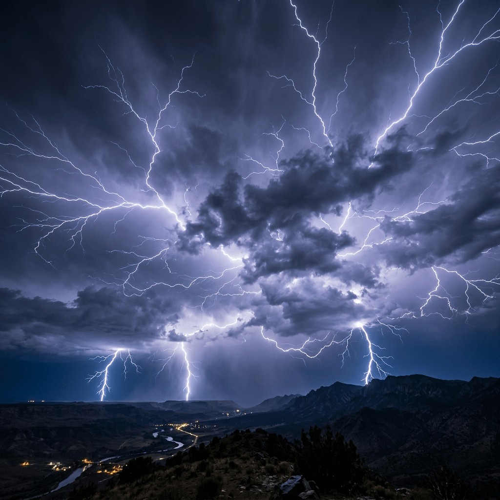 Lightning bolts branching across a cloudy night sky over mountains and a river valley below.